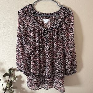 Liz Claiborne Women's Floral Sheer Blouse - Pink and Black Size L